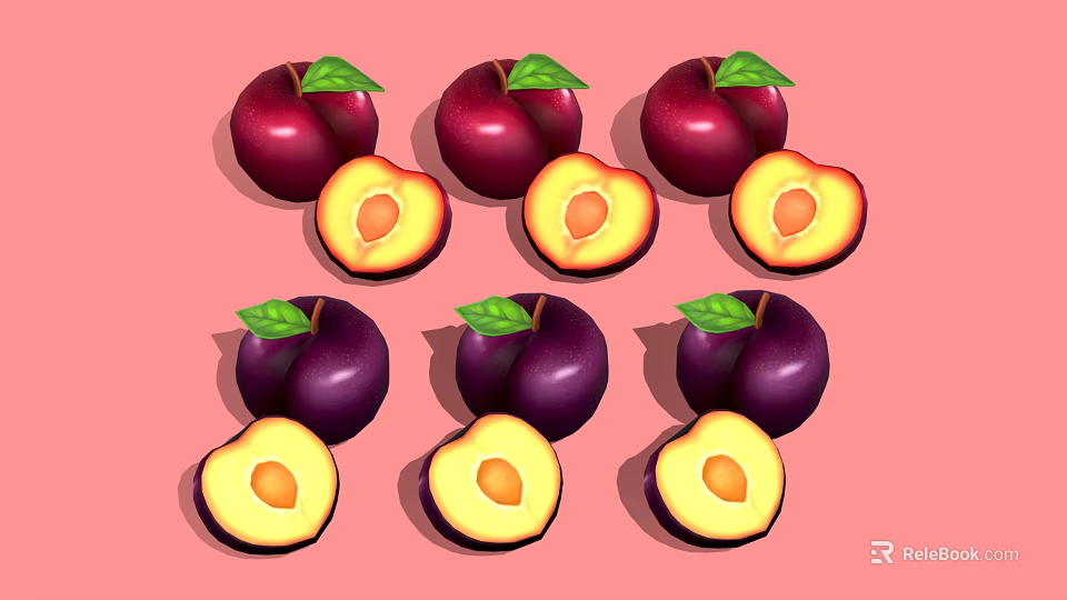 Fresh Deep Purple Plums Whole And Sliced With Green Leaves On Pink Background 3d model 