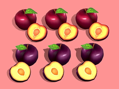 Fresh Deep Purple Plums Whole And Sliced With Green Leaves On Pink Background 3d model