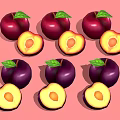 Fresh Deep Purple Plums Whole And Sliced With Green Leaves On Pink Background