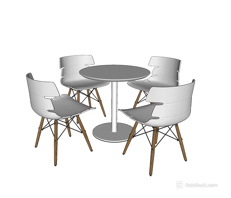 Modern Round Table with Four White Chairs and Wooden Legs Set 3d model