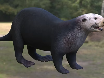 Otter With Black Body And White Head Standing In Natural Grassland Environment 3d model
