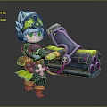 Blue Haired Character With Goggles In Mechanical Outfit Holding Large Weapon And Small Creature Companion