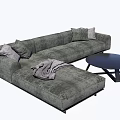 Comfortable Gray Sectional Sofa with Throw Pillows Blanket and Black Round Coffee Table 3d model