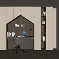 Modern Study Desk With Beige Cabinets Arched Design Table Lamp Books And Gray Chair
