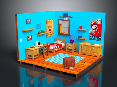 Cartoon Room Interior With Blue Walls Mario Poster Bed Desk And Wooden Floor 3d model