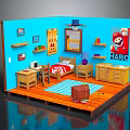 Cartoon Room Interior With Blue Walls Mario Poster Bed Desk And Wooden Floor