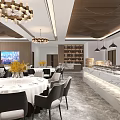 Modern Restaurant Interior With Marble Counter Food Displays Bread Baskets Large Windows And Pendant Lights