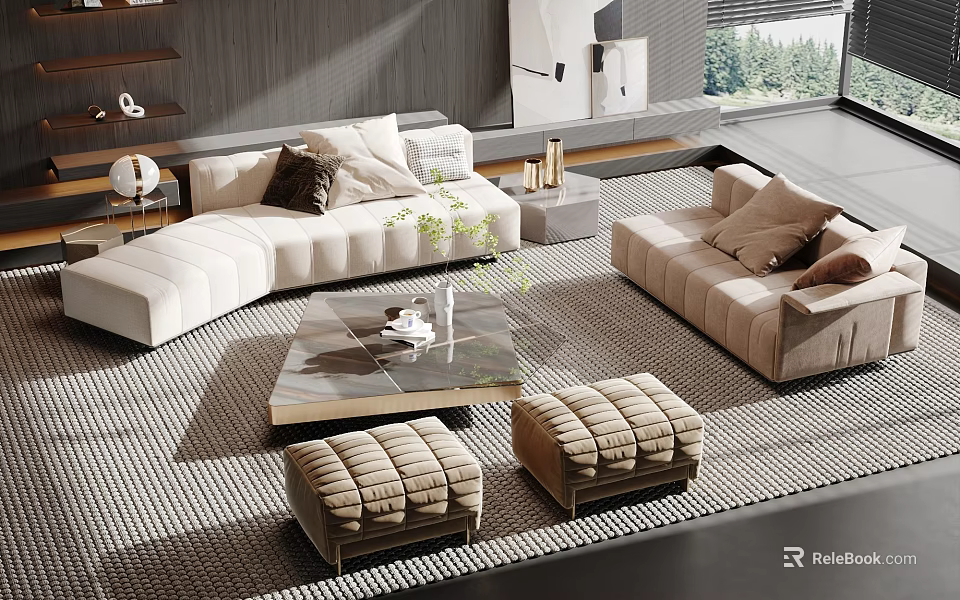 Modern Living Room Sofa And Coffee Table Set With Ottoman And Pillows 3d model 