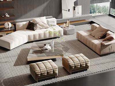 Modern Living Room Sofa And Coffee Table Set With Ottoman And Pillows 3d model