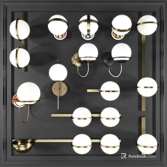 Modern Wall Lamps With Various Designs Gold Black Metal And White Spherical Shades 3d model 
