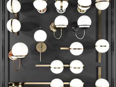 Modern Wall Lamps With Various Designs Gold Black Metal And White Spherical Shades 3d model
