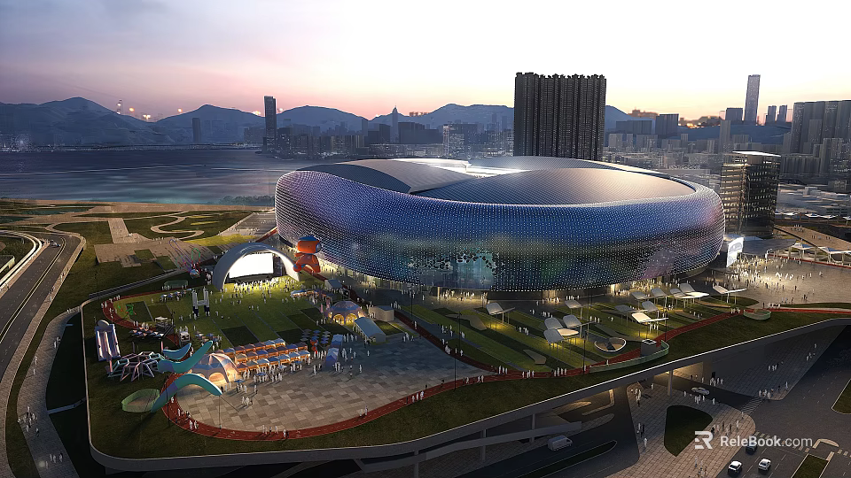 Modern Large Sports Stadium with Cityscape Waterfront View Green Area and Fitness Facilities 3d model 