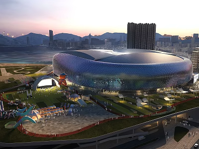 Modern Large Sports Stadium with Cityscape Waterfront View Green Area and Fitness Facilities 3d model