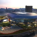 Modern Large Sports Stadium with Cityscape Waterfront View Green Area and Fitness Facilities