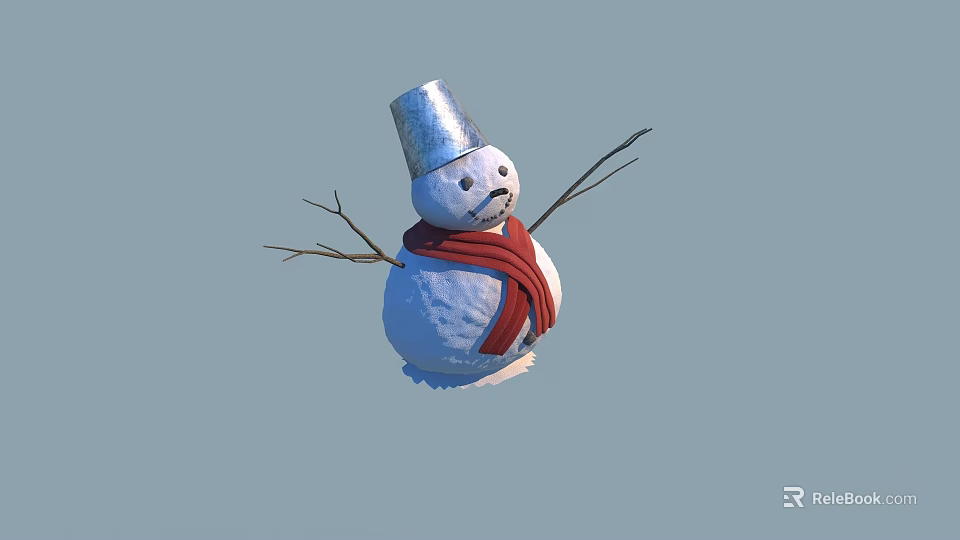 Game Movie Character Snowman With Silver Bucket Hat Red Scarf And Stick Arms 3d model 