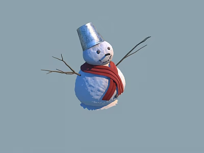 Game Movie Character Snowman With Silver Bucket Hat Red Scarf And Stick Arms 3d model
