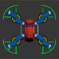 Vibrant Quadcopter Drone With Red Body Blue Propeller Arms Green Protective Rings And Yellow Wheels