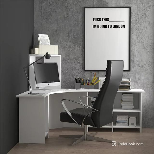 Modern White Curved Desk and Black Leather Chair Set with Computer Desk Lamp and Stationery 3d model 