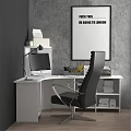 Modern White Curved Desk and Black Leather Chair Set with Computer Desk Lamp and Stationery