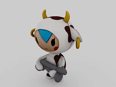 Cow Themed Stuffed Toy White With Brown Spots Blue Forehead Patch Sitting Pose Holding Legs 3d model