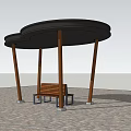Modern Outdoor Pergola Featuring Black Roof Brown Pillars And Orange Bench On Paved Ground