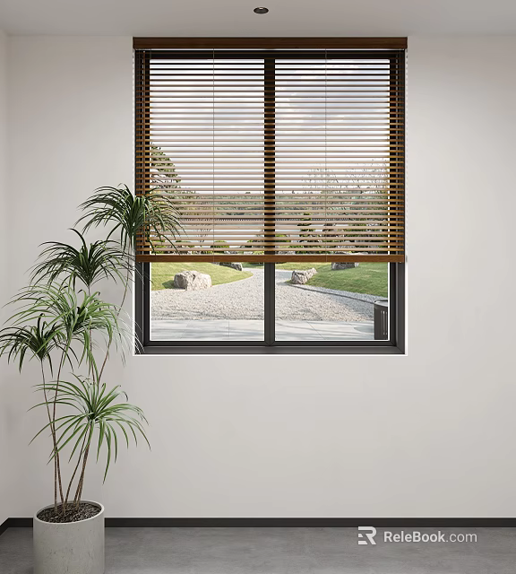 Natural Wooden Blinds on Window with Indoor Plant and Outdoor Garden View 3d model 