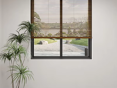 Natural Wooden Blinds on Window with Indoor Plant and Outdoor Garden View 3d model