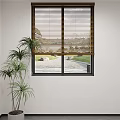 Natural Wooden Blinds on Window with Indoor Plant and Outdoor Garden View