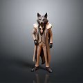 Anthropomorphic Wolf Headed Game Movie Character In Formal Suit With Long Coat