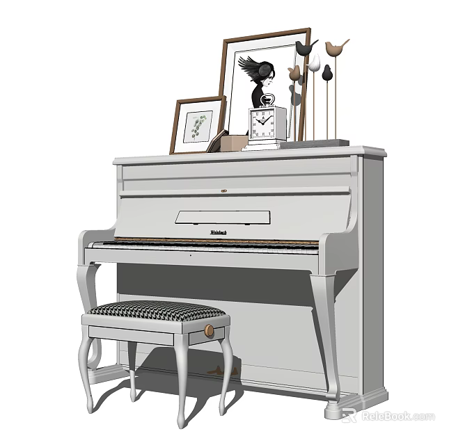 Elegant White Piano With Art Frames Clock Decorative Balls And Stool 3d model 