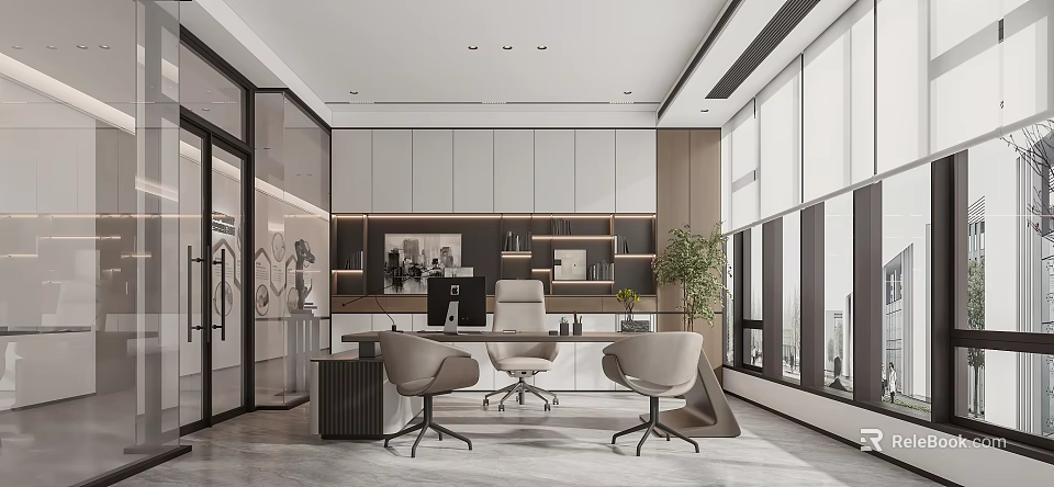 Modern Office Interior Design With Cabinets Spacious Work Desk Chairs Large Windows And Potted Plant 3d model 
