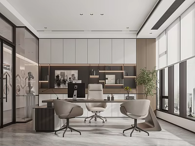 Modern Office Interior Design With Cabinets Spacious Work Desk Chairs Large Windows And Potted Plant 3d model