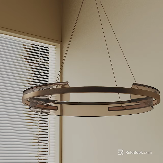 Bronze Circular Chandelier With Metal Frame Hanging Over Light Colored Wall And Window Blinds 3d model 