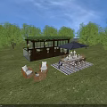 Garden Landscape Design With Green Grass Trees Wooden Deck Outdoor Furniture And Black Umbrella