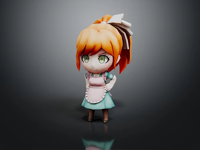Cartoon Style Cute 3D Character With Orange Hair Green Eyes Blue Dress And White Apron 3d model