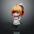 Cartoon Style Cute 3D Character With Orange Hair Green Eyes Blue Dress And White Apron