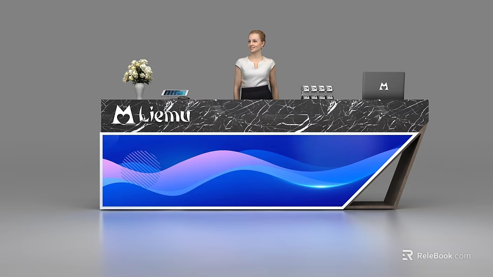 Elegant Reception Desk With Black Marble Countertop Blue Purple Wave Design Liemu Logo Laptop 3d model 