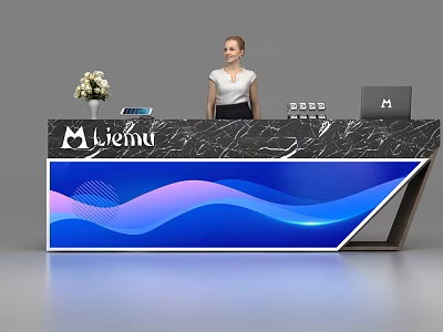 Elegant Reception Desk With Black Marble Countertop Blue Purple Wave Design Liemu Logo Laptop 3d model