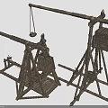 Ancient Wooden Mechanical Weapons With Siege Frame And Projectile Hanging Baskets