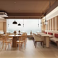 Warm Modern Restaurant Interior With Wooden Tables Chairs Pendant Lights Wine Rack And Staircase
