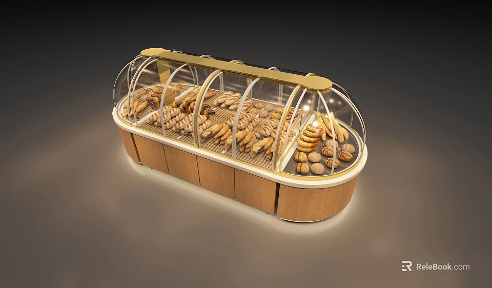 Bakery Display Cabinet With Glass Cover Wooden Frame And Fresh Bread 3d model 