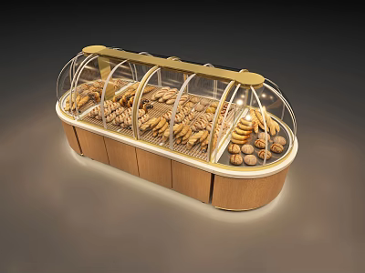 Bakery Display Cabinet With Glass Cover Wooden Frame And Fresh Bread 3d model
