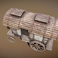 Vintage Wooden Carriage with Curved Roof Wooden Frames Windows and Spoked Wheels