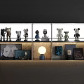 Modern Display Cabinet with Glass Doors Holding Toy Figurines Table Lamp Photo Frames And Clock