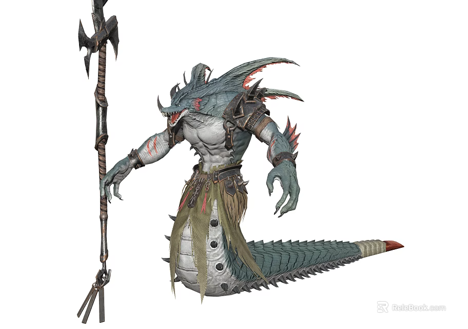 Fierce Reptilian Warrior Character With Scaled Skin Armored Attire And Staff Weapon 3d model 