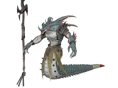 Fierce Reptilian Warrior Character With Scaled Skin Armored Attire And Staff Weapon 3d model