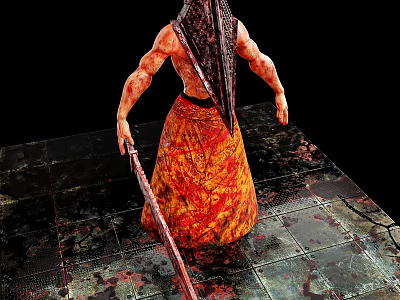 Bloodied Game Movie Character Holding Long Sword Red Orange Patterned Skirt Standing On Metal Grid 3d model