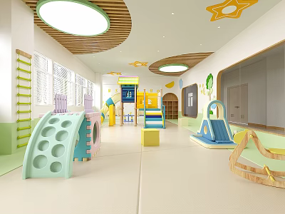 Indoor Kindergarten Playground With Colorful Slide Climbing Frame And Bright Ceiling Lights 3d model