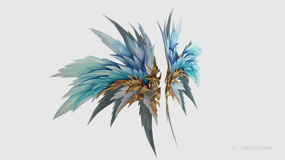 Ornate Blue And Gold Wings With Elaborate Feather Details And Design 3d model 
