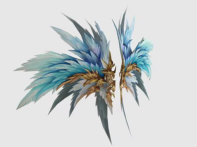 Ornate Blue And Gold Wings With Elaborate Feather Details And Design 3d model